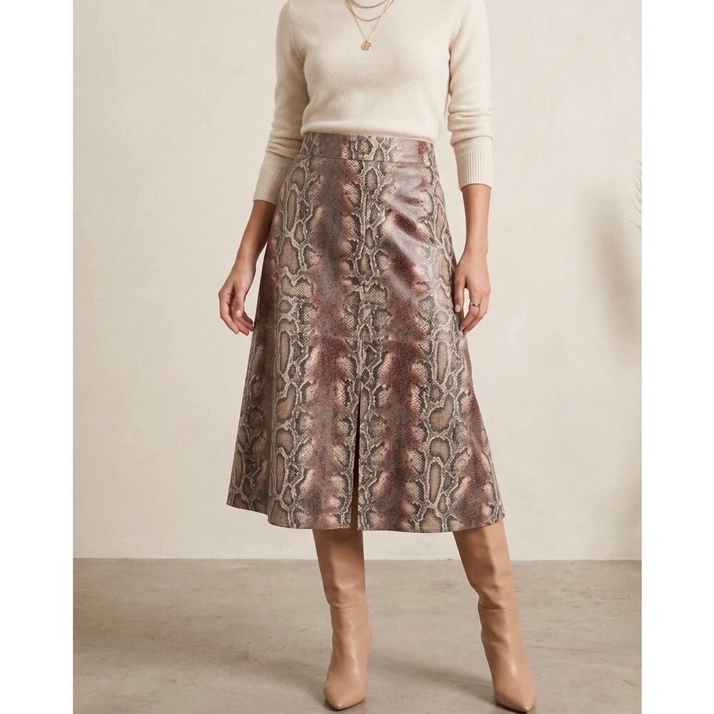 V Cristina Faux Leather Snakeskin Midi Skirt Size 8 A-Line Python Print Brown